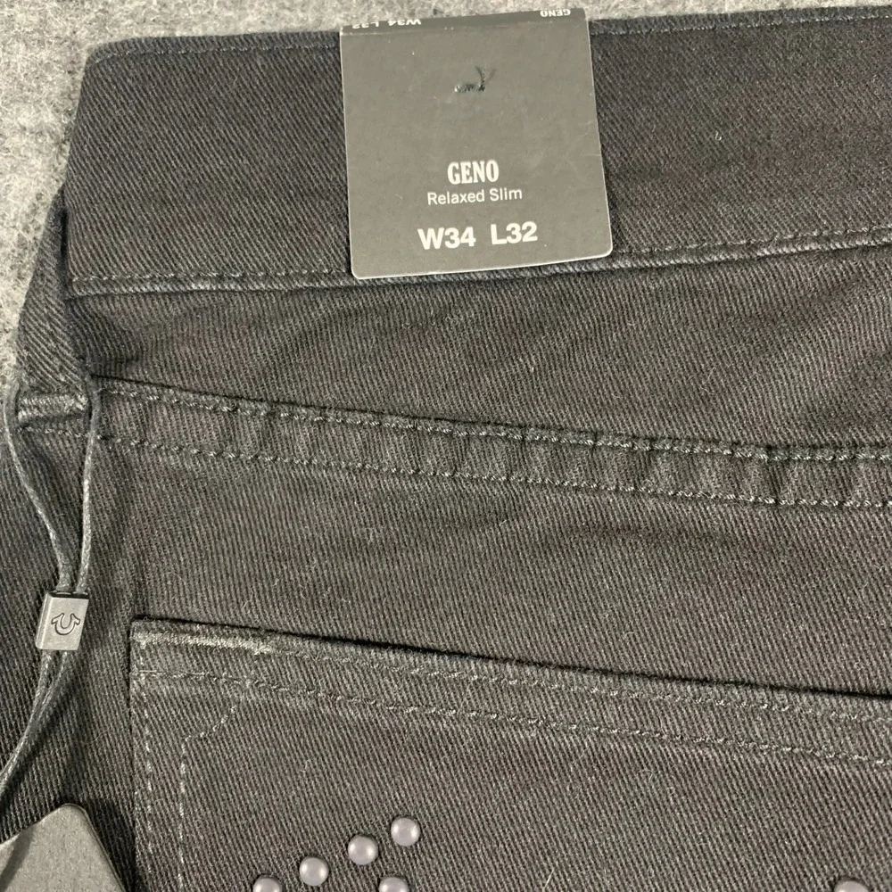 True Religion Jeans Mens 34 Black Denim Geno Relaxed Slim‎ Studded Stretch $164